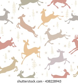 Beautiful seamless pattern background with silhouette deers in jumping. Amazing winter wallpaper. Vector illustration