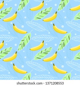 Beautiful seamless pattern with banana leaves and bananas on blue background.