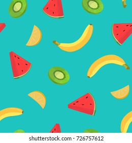 Beautiful seamless pattern with bananas and pieces of orange, kiwi, watermelon on blue background. Backdrop with juicy tropical fruits. Colored vector illustration for wrapping paper, fabric print.