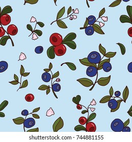 Beautiful seamless pattern with berries in vector/ blueberry, lingonberry, forest motive