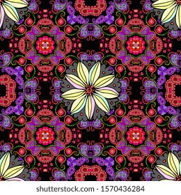 Beautiful seamless pattern with big flowers on stylized ethnic ornament. Print for fabric and textile. Lovely tablecloth. 
