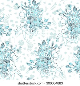 Beautiful seamless pattern with big flowers on an abstract floral background. Vector illustration.