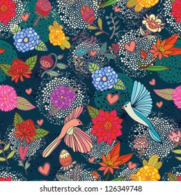 Beautiful seamless pattern with birds and flowers.
