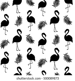 Beautiful seamless pattern with black flamingo silhouette, isolated on white. Trendy fashion textile print, vector illustration. Greeting card, invitation, wallpaper, interior design.