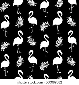 Beautiful seamless pattern with black flamingo silhouette, isolated on white. Trendy fashion textile print, vector illustration. Greeting card, invitation, wallpaper, interior design.