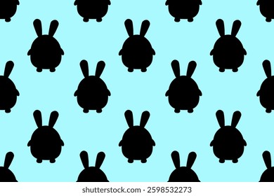 Beautiful seamless pattern with  black silhouette of  rabbit on  blue background. Fat cute rabbit, two ears. Flat design. For greetings, postcards, textiles, packaging, backgrounds, website.