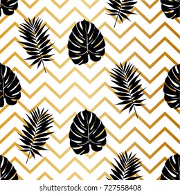 Beautiful seamless pattern with black tropical leaf on a gold zig zag background, trendy fashion textile print, pop art design. Retro 80s style.