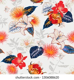 Beautiful Seamless pattern blooming Sweet romantic  Floral in many kind of botanical plants and leaves in the garden Design for fashion,fabric,web,wallpaper,and all prints on white