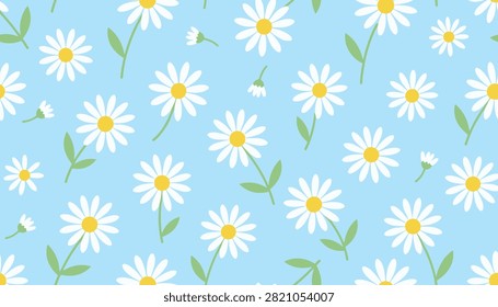 Beautiful seamless pattern of blooming white daisies with yellow centers on a pastel blue background, perfect for textiles.