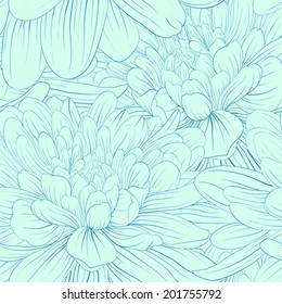 Beautiful seamless pattern with blue dahlia flowers. Hand-drawn contour and strokes. 