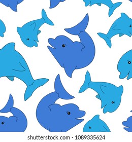 Beautiful seamless pattern of blue dolphins on a white background