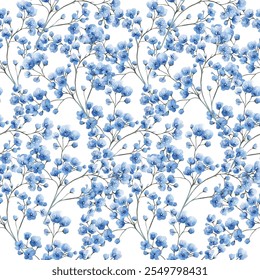 Beautiful seamless pattern of blue flowers on a white background. Perfect for fabric, wallpaper, and gift wrap designs. The delicate floral arrangement adds a touch of elegance and freshness.