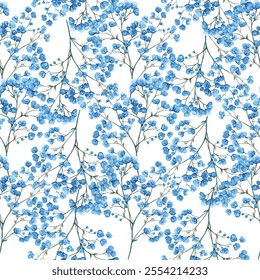 Beautiful seamless pattern of blue flowers on a white background. Perfect for fabric, wallpaper, and gift wrap designs. The delicate floral arrangement adds a touch of elegance and freshness.