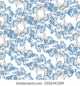 Beautiful seamless pattern of blue flowers on a white background. Perfect for fabric, wallpaper, and gift wrap designs. The delicate floral arrangement adds a touch of elegance and freshness.