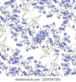 Beautiful seamless pattern of blue flowers on a white background. Perfect for fabric, wallpaper, and gift wrap designs. The delicate floral arrangement adds a touch of elegance and freshness.