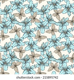 Beautiful seamless pattern with blue lilies flowers and butterflies. Hand-drawn contour lines. Perfect for background greeting cards and invitations to day of the wedding, birthday