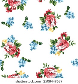 Beautiful seamless pattern of blue and red roses. Vector illustration.