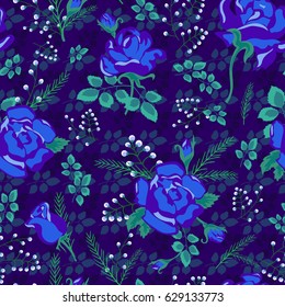 Beautiful seamless pattern with blue roses on a dark blue background.Summer Vector illustration in the retro style.Print for book covers, textile,fabric,wrapping gift paper