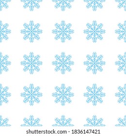 Beautiful seamless pattern of blue snowflakes on a white background. Winter decor items for postcards, wrapping paper, fabric, wallpaper and more. Stock vector illustration for decoration and design