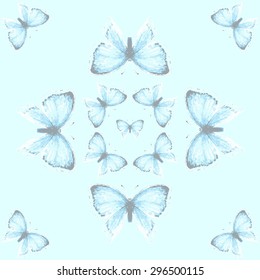 Beautiful seamless pattern with blue watercolor copper-butterfly on the blue background. Vintage vector illustration