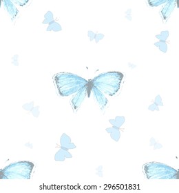 Beautiful seamless pattern with blue watercolor copper-butterfly on the white background. Vintage vector illustration