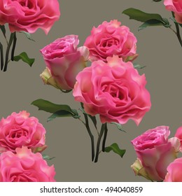 Hermoso patrón impecable con ramo de rosas rosas en fondo gris.Ilustración vectorial.