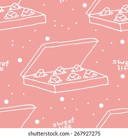 Beautiful seamless pattern with boxes of chocolate sweets. Based on hand-drawn elements. Isolated background. Excellent print for paper, textile or web.