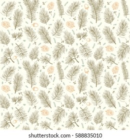 beautiful seamless pattern with branch tree coniferous and pine cones and acorns. Vector illustration