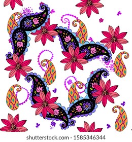 Beautiful seamless pattern with bright flowers and paisley leaves on white background. 
