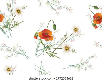 Beautiful seamless pattern with bright red poppies and delicate field chamomiles on white background. Vector drawing for design of textile, fabrics, wallpaper, web sites and other. 