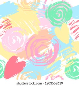 Beautiful seamless pattern with brush strokes and hearts in memphis style. Creative vector colorful background for print, textile, flyer design, wear, template, card, poster, brochure, Valentine's day