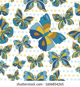 Beautiful seamless pattern with butterflies in blue and sand tones. Circles on the background. Design wrapping paper for nice holiday. 