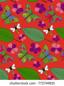 Beautiful seamless pattern with butterflies, flowers and bees, vector