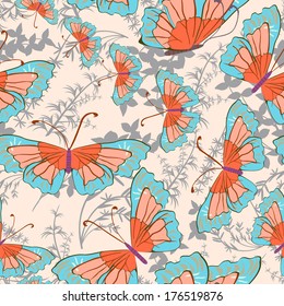 Beautiful seamless pattern of butterflies and leaves