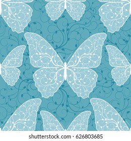 Beautiful seamless pattern with butterflies on blue background.