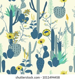 Beautiful seamless pattern cactus with jungle flowers. Bright illustration, can be used for creating card, invitation card for wedding,wallpaper and textile.