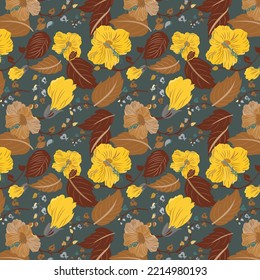 Beautiful seamless pattern of camel, sun glow color hibiscus flower, liver organ, liver dog color leaves with liver organ color veins on feldgrau background. textile design, wallpaper, interior art.