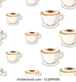 Beautiful seamless pattern with cappuccino for cafe or coffee-shops. Inspired by variety of coffee beverages. Vector background with isolated elements on white backdrop.
