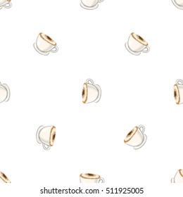 Beautiful seamless pattern with cappuccino for cafe or coffee-shops. Inspired by variety of coffee beverages. Vector background with isolated elements on white backdrop.