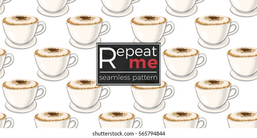 Beautiful seamless pattern with cappuccino for cafe or coffee-shops. Inspired by coffee beverage. Vector background with isolated elements on white backdrop.
