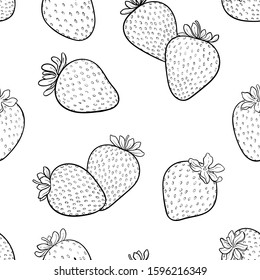 Beautiful seamless pattern cartoon black and white outline strawberry, symbol of summer. design for holiday greeting card and invitation of seasonal summer holidays, beach parties, tourism and travel.