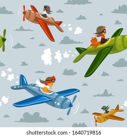 Beautiful seamless pattern with cartoon boys in airplanes among the clouds. Vector illustration