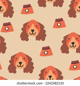 Beautiful seamless pattern with cartoon cute dogs. Breed - cocker spaniel. Good for wallpaper, pattern fills, greeting cards, webpage backgrounds, wrapping paper and textile or fabric. Vector illustra