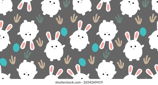 Beautiful seamless pattern with  cartoon rabbit on  gray background. Fat cute white rabbit holds an air gel balloon. Children's party. For background, wallpaper, textiles, packaging or  website.
