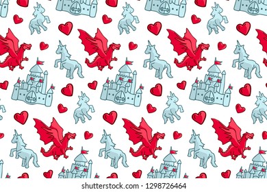 Beautiful seamless pattern with castle and fantasy creatures on white background