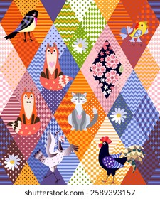 Beautiful seamless pattern with cat, foxes and birds on patchwork background. Cute print for children.