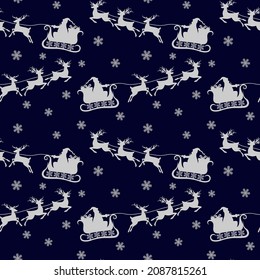 Beautiful seamless pattern for celebration design. Silhouettes of Santa on a sleigh and reindeer. Xmas holiday background. Happy new year. 2022. Vector illustration