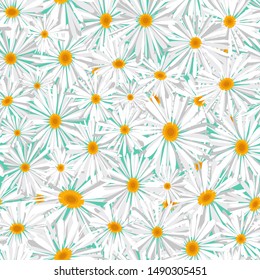 Beautiful seamless pattern with a lot of chamomile. White flowers meadow. Flat style. Daisy blossom. Blooms background design for textile, wallpaper, wrapping paper, fabric. Stock vector illustration