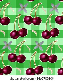 Beautiful seamless pattern with cherries, flowers and pearls.