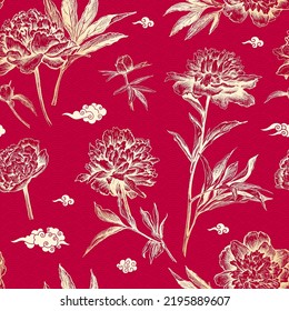Hermoso patrón impecable de estilo chino con lujosas flores Peonies dibujadas a mano y nubes sobre un fondo rojo. Ilustración vectorial de los Peonies dorados. Elementos florales para el diseño textil